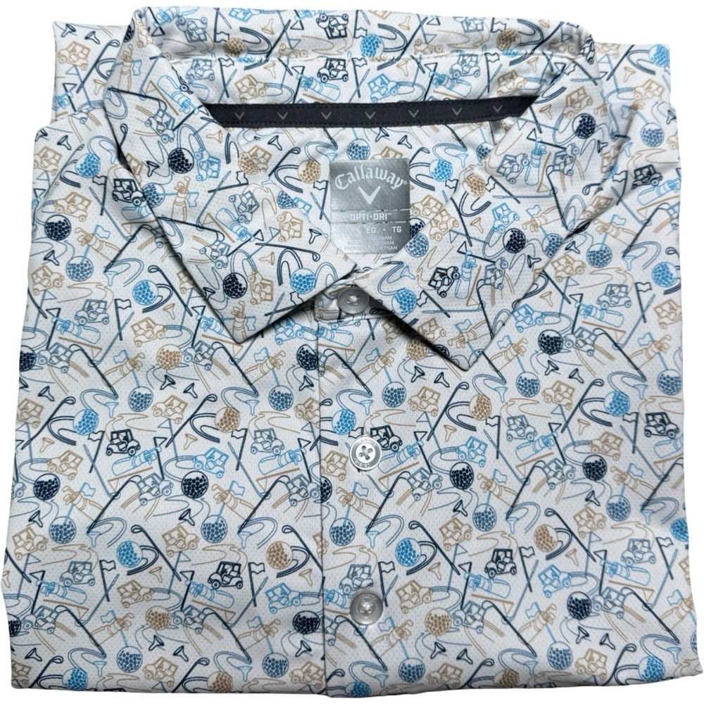 Callaway Golf Opti-Dri Polo Mens XL White Blue Tan Golf Cart Print Good